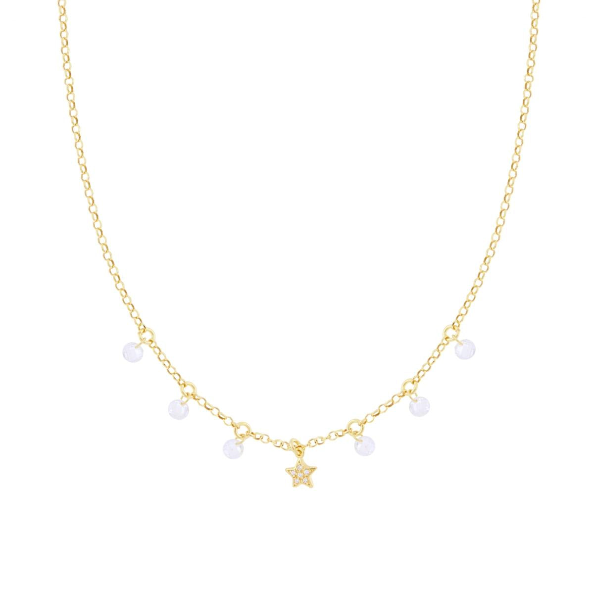 Collana Catena Rolo Diamantata con Stella e Cubic Zirconia Bianchi pendenti in ARGENTO 925 Galvanica Oro