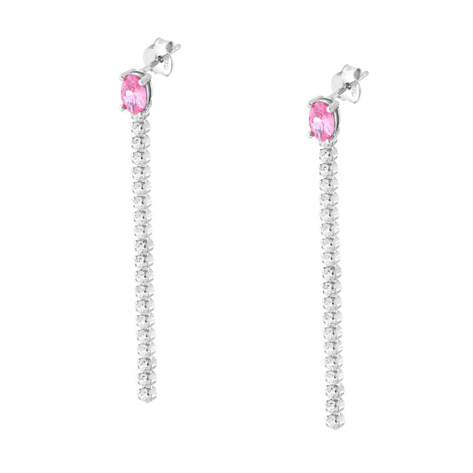 Orecchini Tennis con Ovale Rosa e Cubic Zirconia Bianchi in ARGENTO 925 Galvanica Rodio