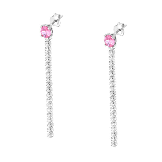 Orecchini Tennis con Tondo Rosa e Cubic Zirconia Bianchi in ARGENTO 925 Galvanica Rodio