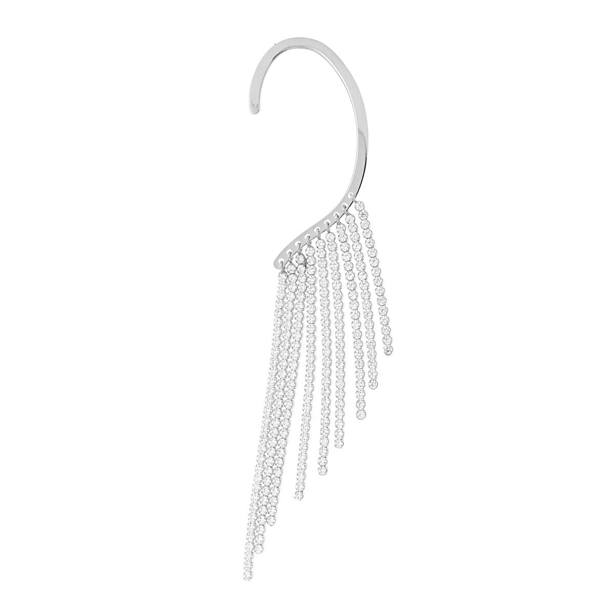 Orecchino Lungo Ear Cuff Sinistro Chandelier con Multifilo Tennis Cubic Zirconia Bianchi in ARGENTO 925 Galvanica Rodio