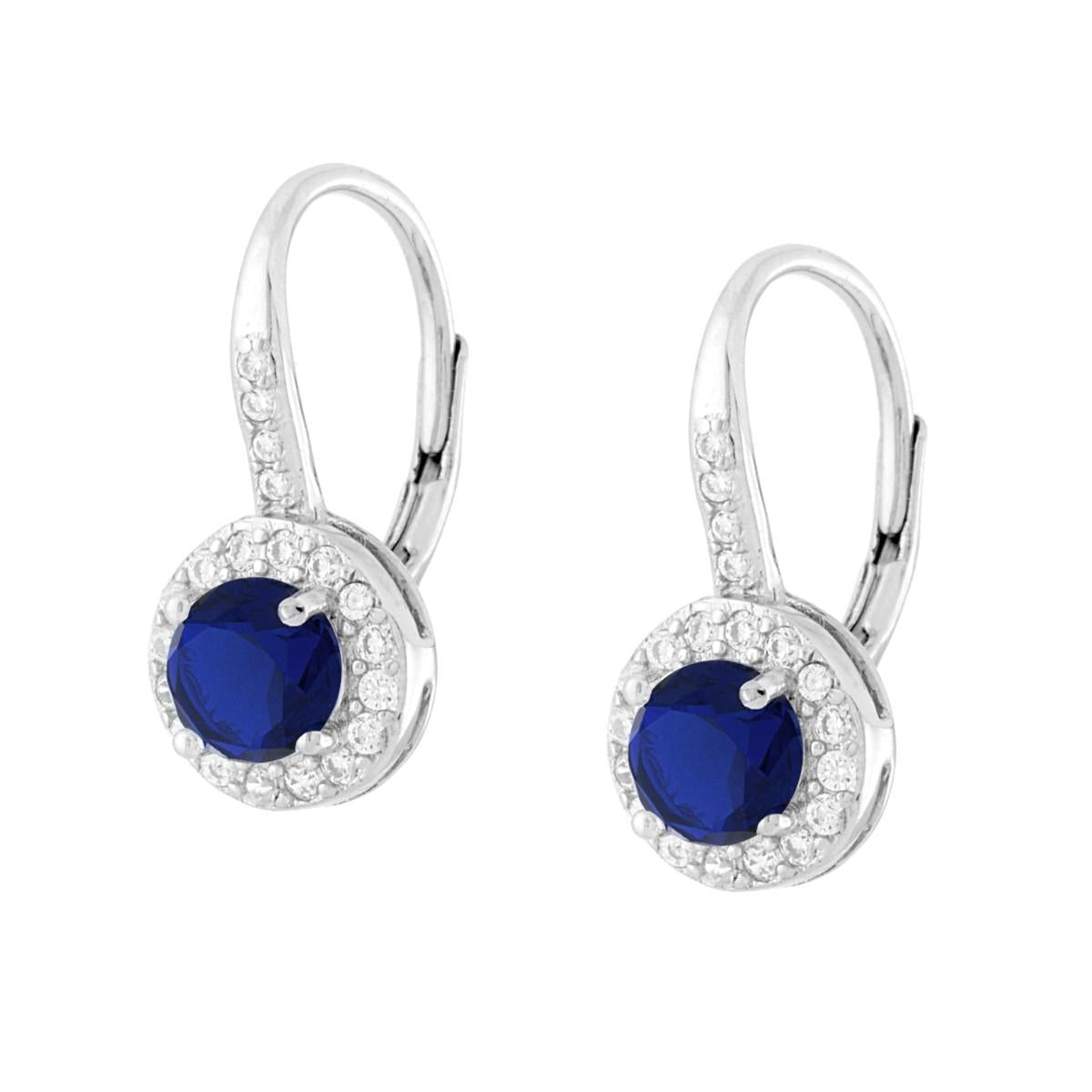 Orecchini Monachella Tondo Blu Zaffiro con Cubic Zirconia Bianchi in ARGENTO 925 Galvanica Rodio