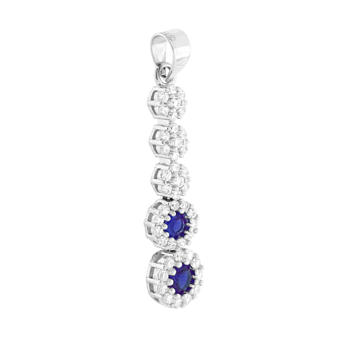 Ciondolo Tennis Fiori con Tondi Blu Zaffiro contornati da Cubic Zirconia Bianchi in ARGENTO 925 Galvanica Rodio