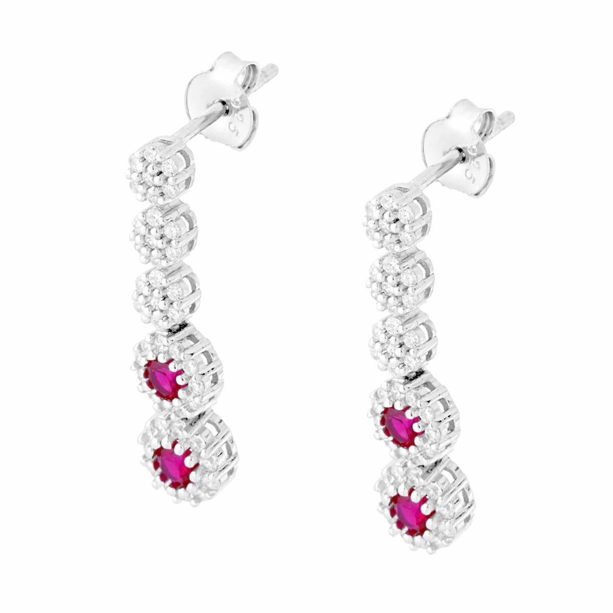 Orecchini Tennis Fiori con Tondi Rosso Rubino contornati da Cubic Zirconia Bianchi in ARGENTO 925 Galvanica Rodio