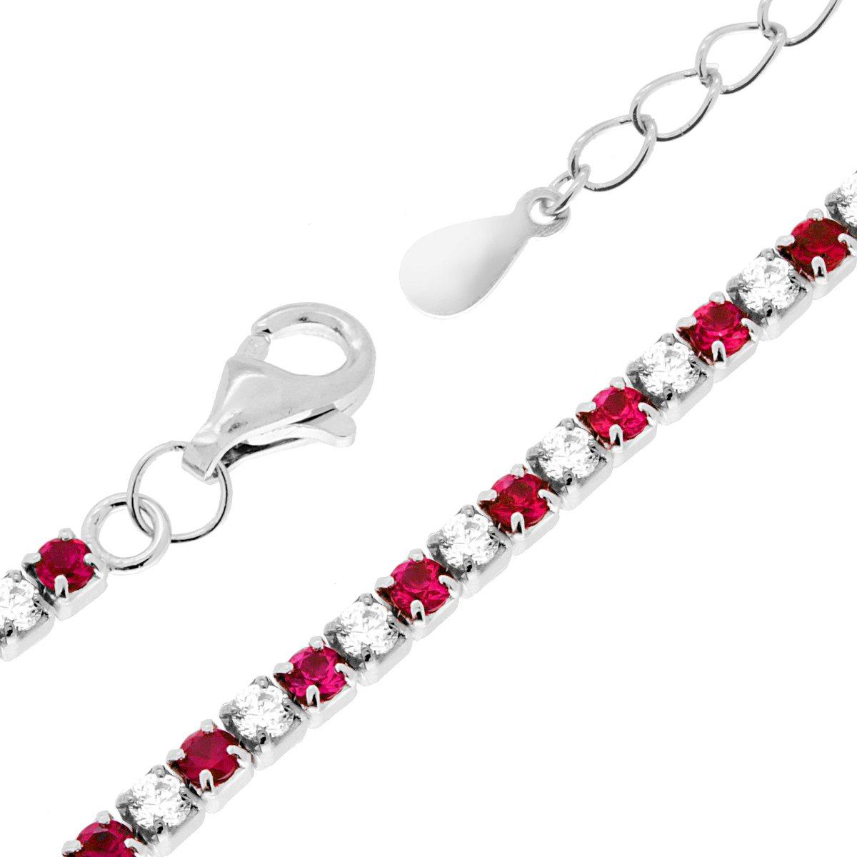 Bracciale Tennis Griffe cm 17+3 con Zirconi mm 2 Bianchi e Rosso Rubino alternati in ARGENTO 925 Galvanica Rodio