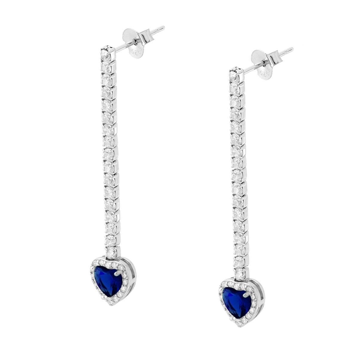 Orecchini Tennis Lunghi con Cuore pendente Blu Zaffiro contornato da Cubic Zirconia Bianchi in ARGENTO 925 Galvanica Rodio