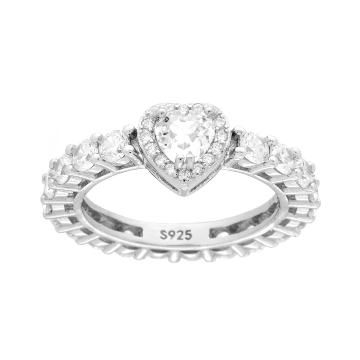 Anello Eternity Veretta a giro con Cubic Zirconia Bianchi con Cuore Bianco in ARGENTO 925 Galvanica Rodio