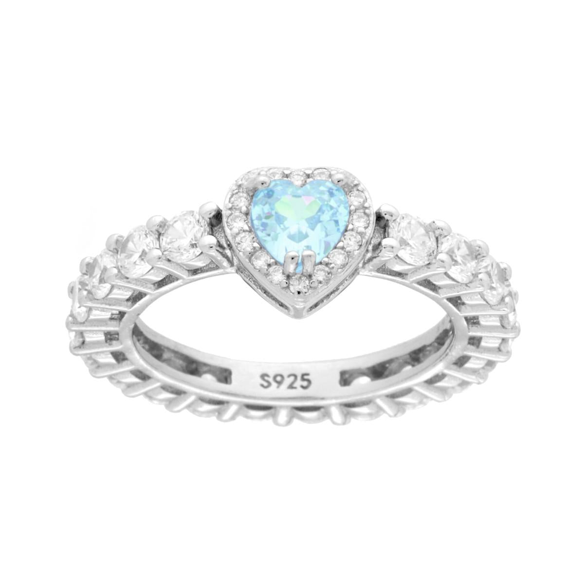 Anello Eternity Veretta a giro con Cubic Zirconia Bianchi con Cuore Acquamarina in ARGENTO 925 Galvanica Rodio