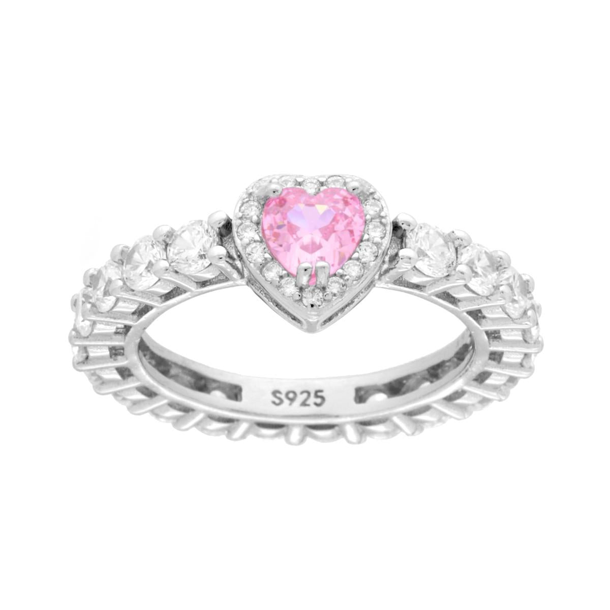 Anello Eternity Veretta a giro con Cubic Zirconia Bianchi con Cuore Rosa in ARGENTO 925 Galvanica Rodio
