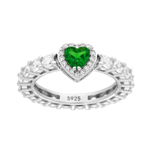 Anello Eternity Veretta a giro con Cubic Zirconia Bianchi con Cuore Verde Smeraldo in ARGENTO 925 Galvanica Rodio