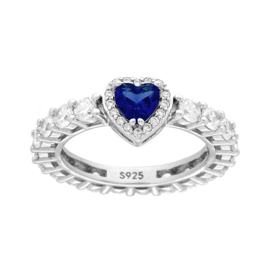 Anello Eternity Veretta a giro con Cubic Zirconia Bianchi con Cuore Blu Zaffiro in ARGENTO 925 Galvanica Rodio