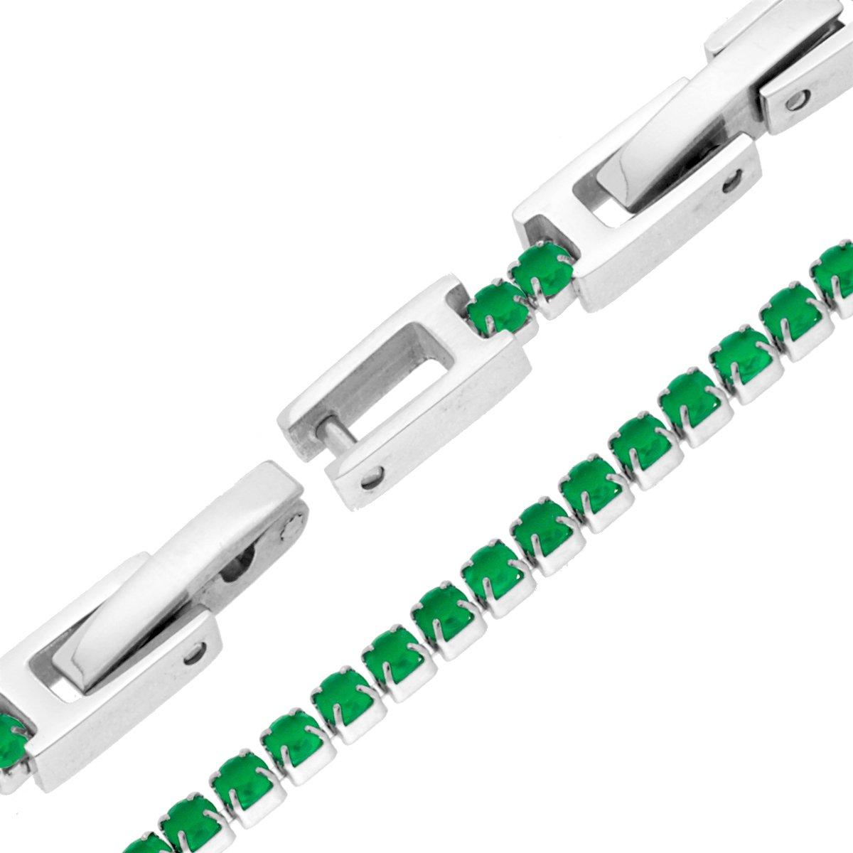 Bracciale Tennis Griffe cm 17-20 con Crystal mm 2 Verde Smeraldo regolabile in ACCIAIO