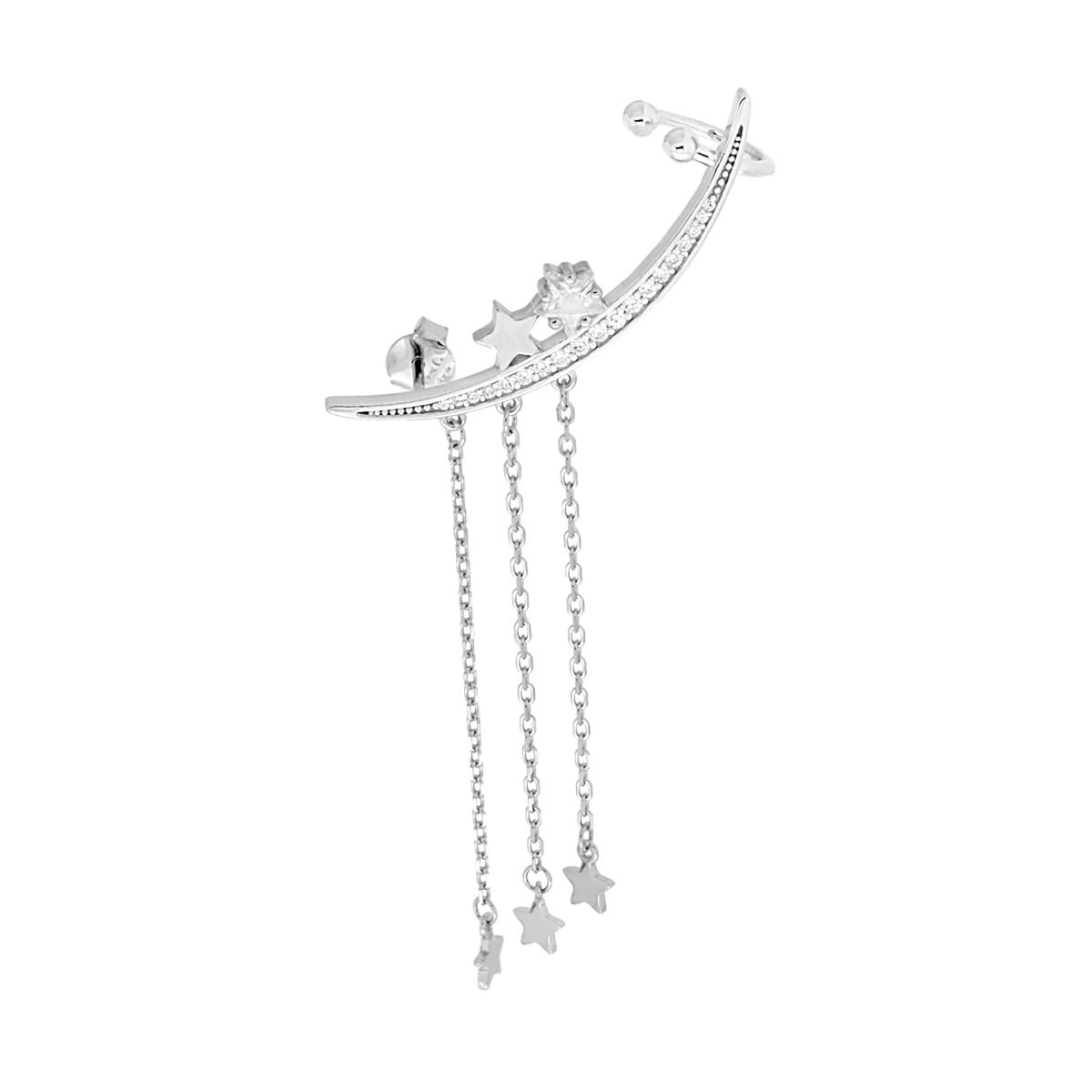 Orecchino Lungo Ear Cuff Sinistro Chandelier Luna con Stelle e Cubic Zirconia Bianchi in ARGENTO 925 Galvanica Rodio