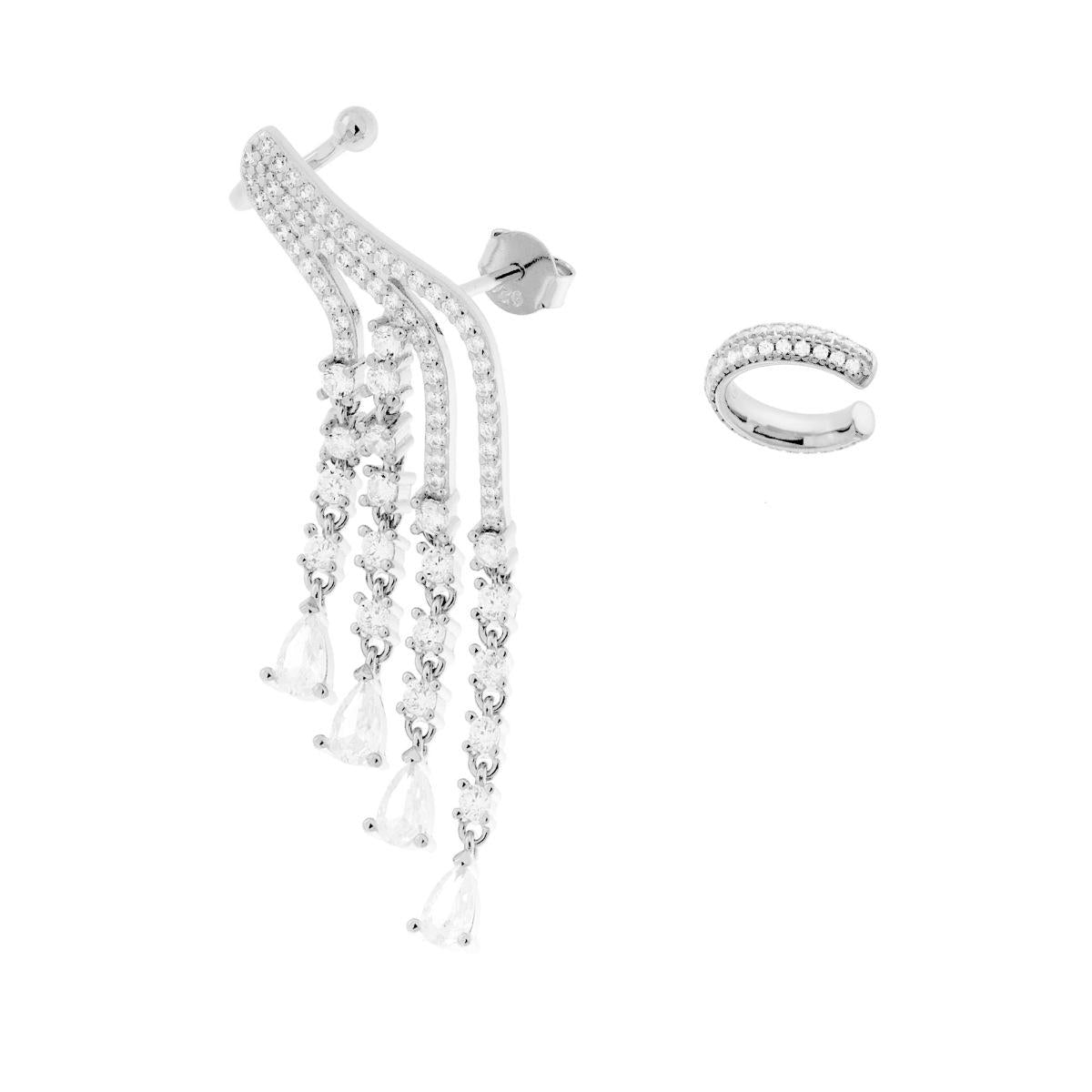 Orecchino Lungo Due Elementi Ear Cuff Destro Chandelier con Cubic Zirconia Bianchi in ARGENTO 925 Galvanica Rodio