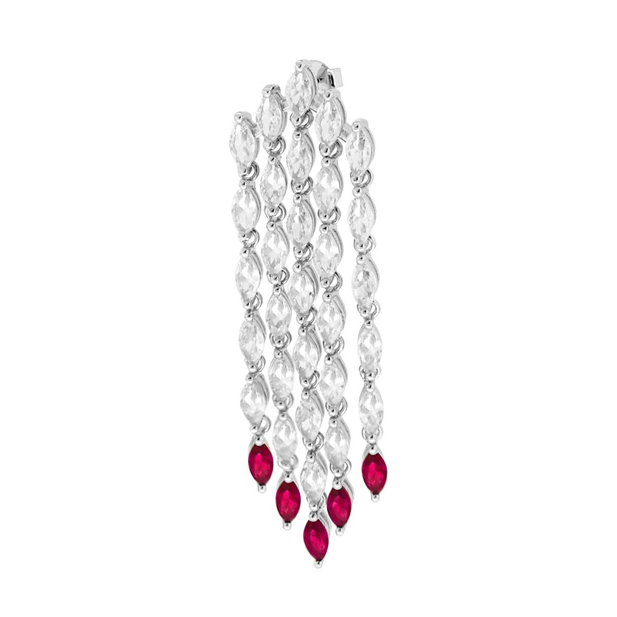 Orecchino Lungo Chandelier cinque fili Tennis con Cubic Zirconia Bianchi e Rosso Rubino Marquise in ARGENTO 925 Galvanica Rodio