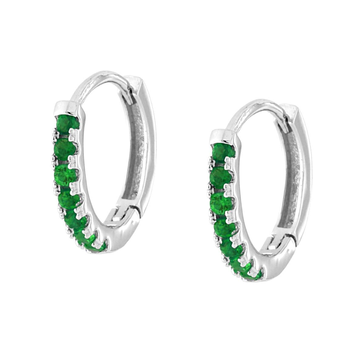 Orecchini Cerchio mm 13 con Cubic Zirconia Verde Smeraldo in ARGENTO 925 Galvanica Rodio