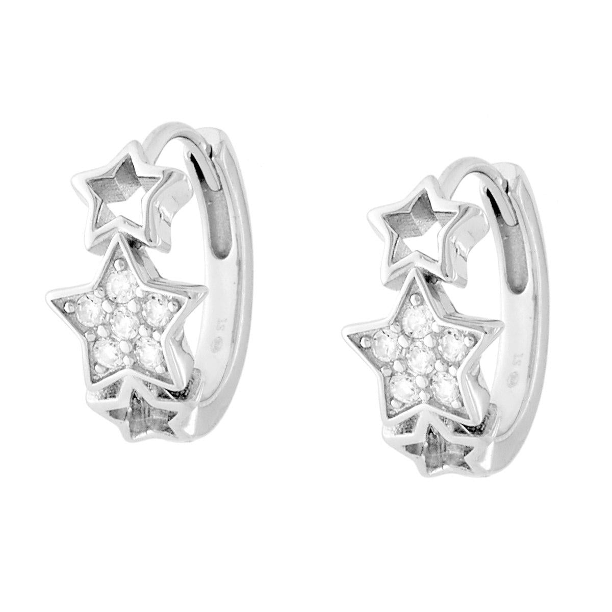 Orecchini Cerchio Stelle con Cubic Zirconia Bianchi in ARGENTO 925 Galvanica Rodio