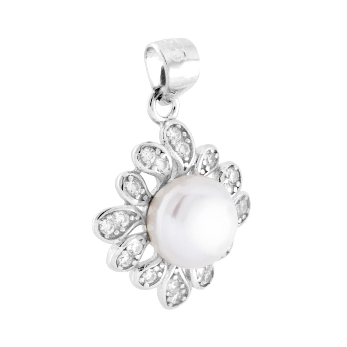Ciondolo con Perla di Fiume e contornata da Petali di Cubic Zirconia Bianchi in ARGENTO 925 Galvanica Rodio
