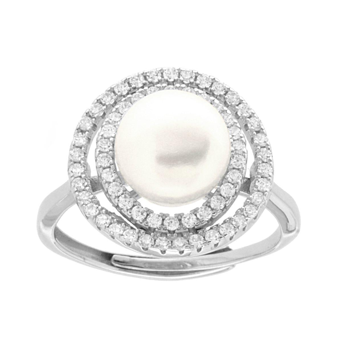 Anello Perla di Fiume con Cubic Zirconia Bianchi in ARGENTO 925 Galvanica Rodio