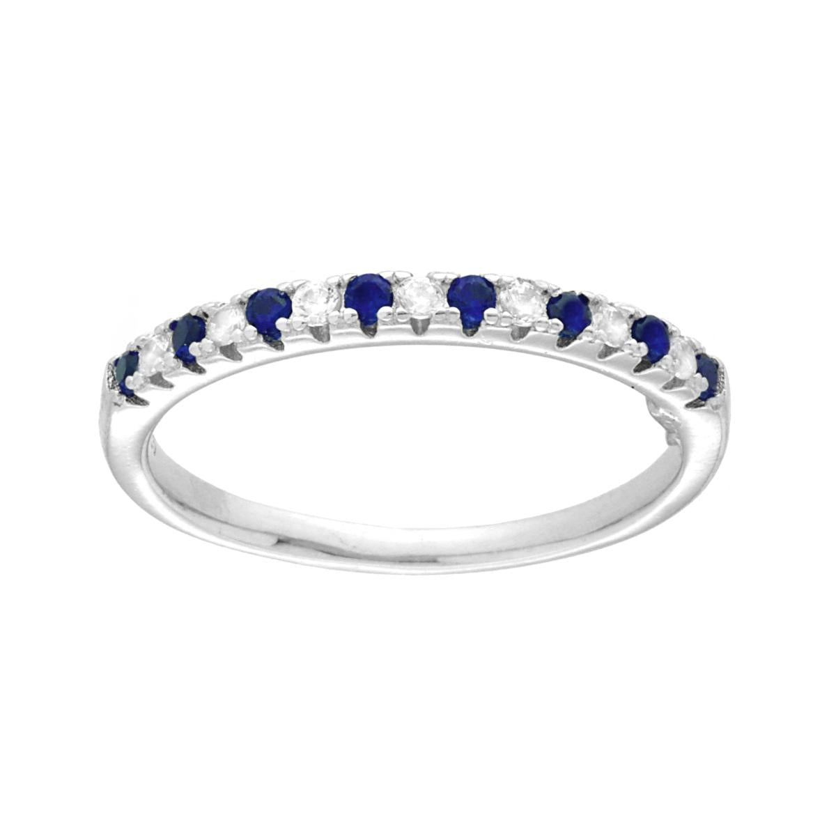 Anello Veretta con Cubic Zirconia alternati Blu Zaffiro e Bianchi in ARGENTO 925 Galvanica Rodio