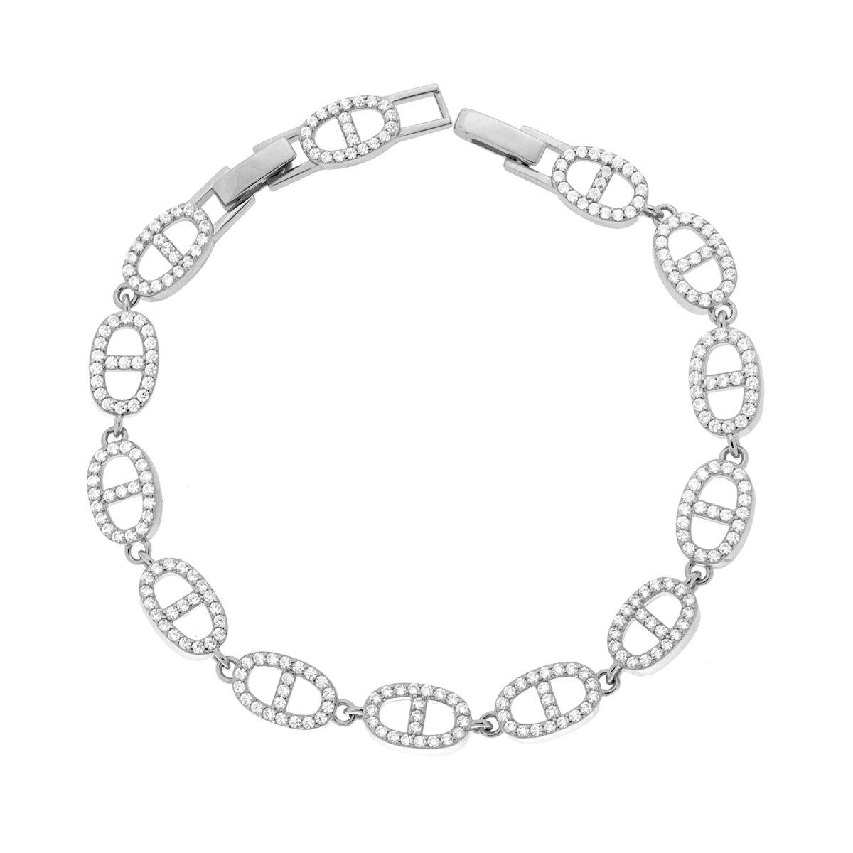 Bracciale Catena Ovali Traversino con Cubic Zirconia Bianchi in ARGENTO 925 Galvanica Rodio