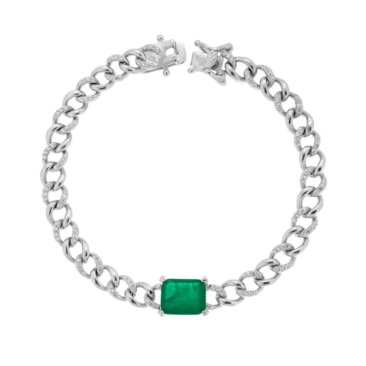 Bracciale Catena Grumetta con Cubic Zirconia Bianchi e Pietra Naturale Verde Smeraldo in ARGENTO 925 Galvanica Rodio