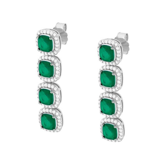 Orecchini Quadrati pendenti con Pietre Naturali Verde Smeraldo contornate da Cubic Zirconia Bianchi in ARGENTO 925 Galvanica Rodio
