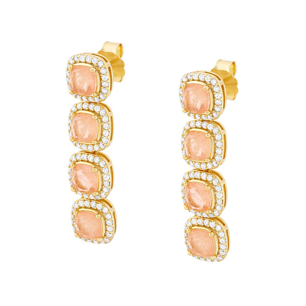 Orecchini Quadrati pendenti con Pietre Naturali Rosa Cipria contornate da Cubic Zirconia Bianchi in ARGENTO 925 Galvanica Oro