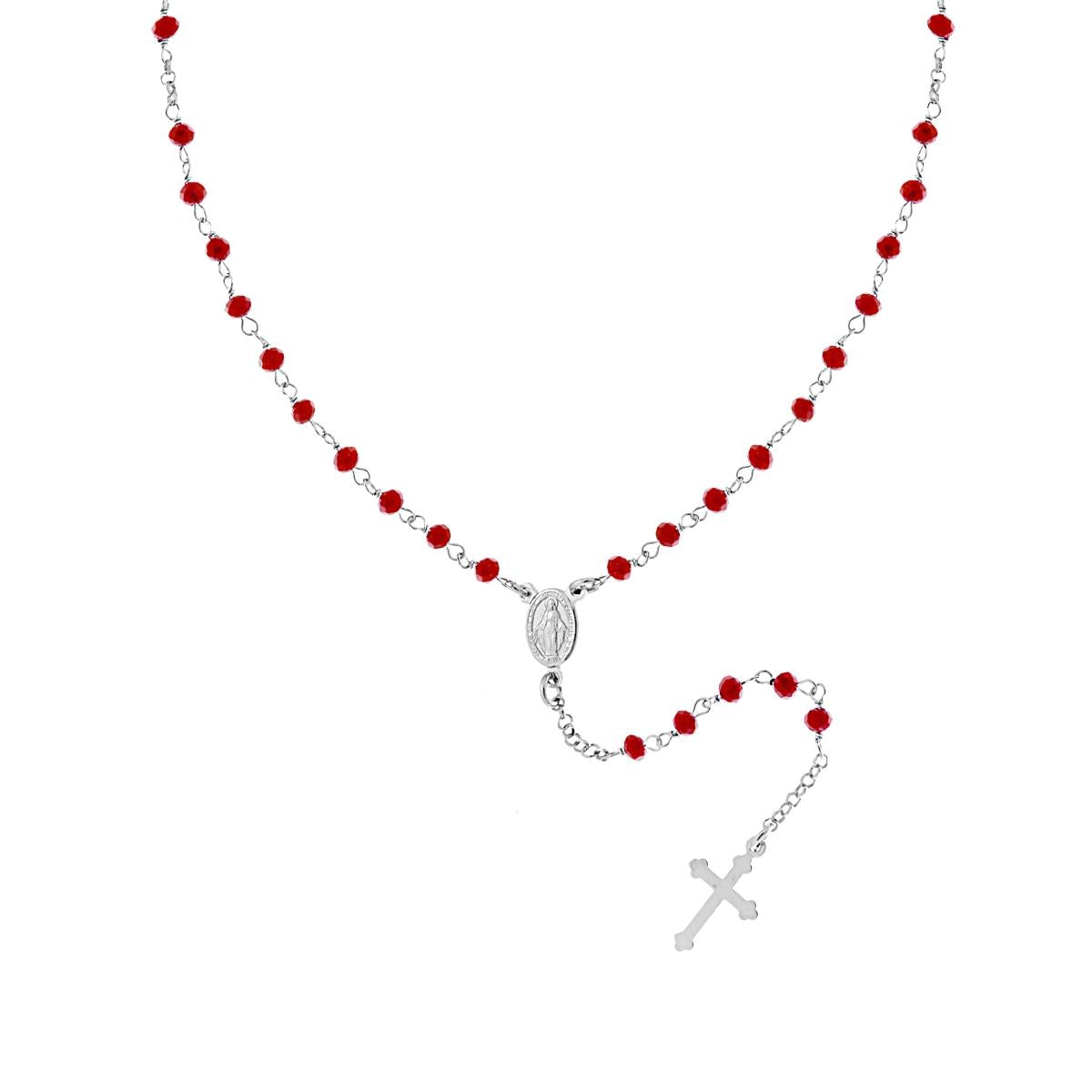Collana Rosario cm 50 con Crystal Rosso Chiaro mm 3.5 in ARGENTO 925 Galvanica Rodio