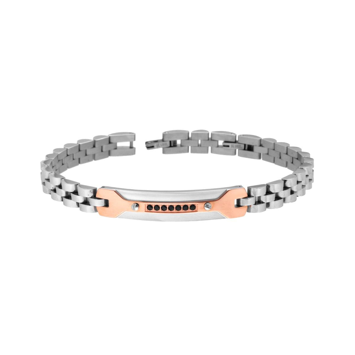 Bracciale Uomo Maglia Imperniata con Targa Rosa e Crystal Neri in ACCIAIO