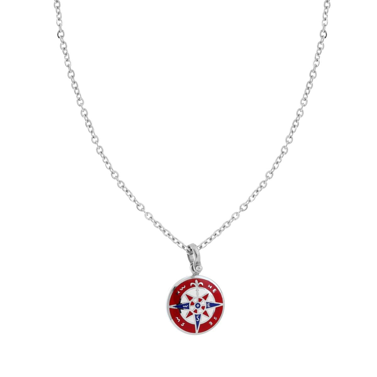 Collana Catena Forzatina Diamantata con Tondo Smalto Multicolor e Rosa dei Venti in ACCIAIO