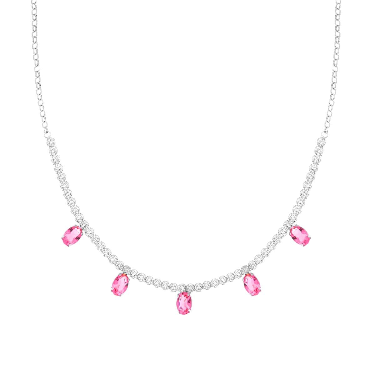 Collana Catena Rolo Diamantata con Centrale Tennis Cubic Zirconia e Ovali Rosa Pendenti in ARGENTO 925 Galvanica Rodio