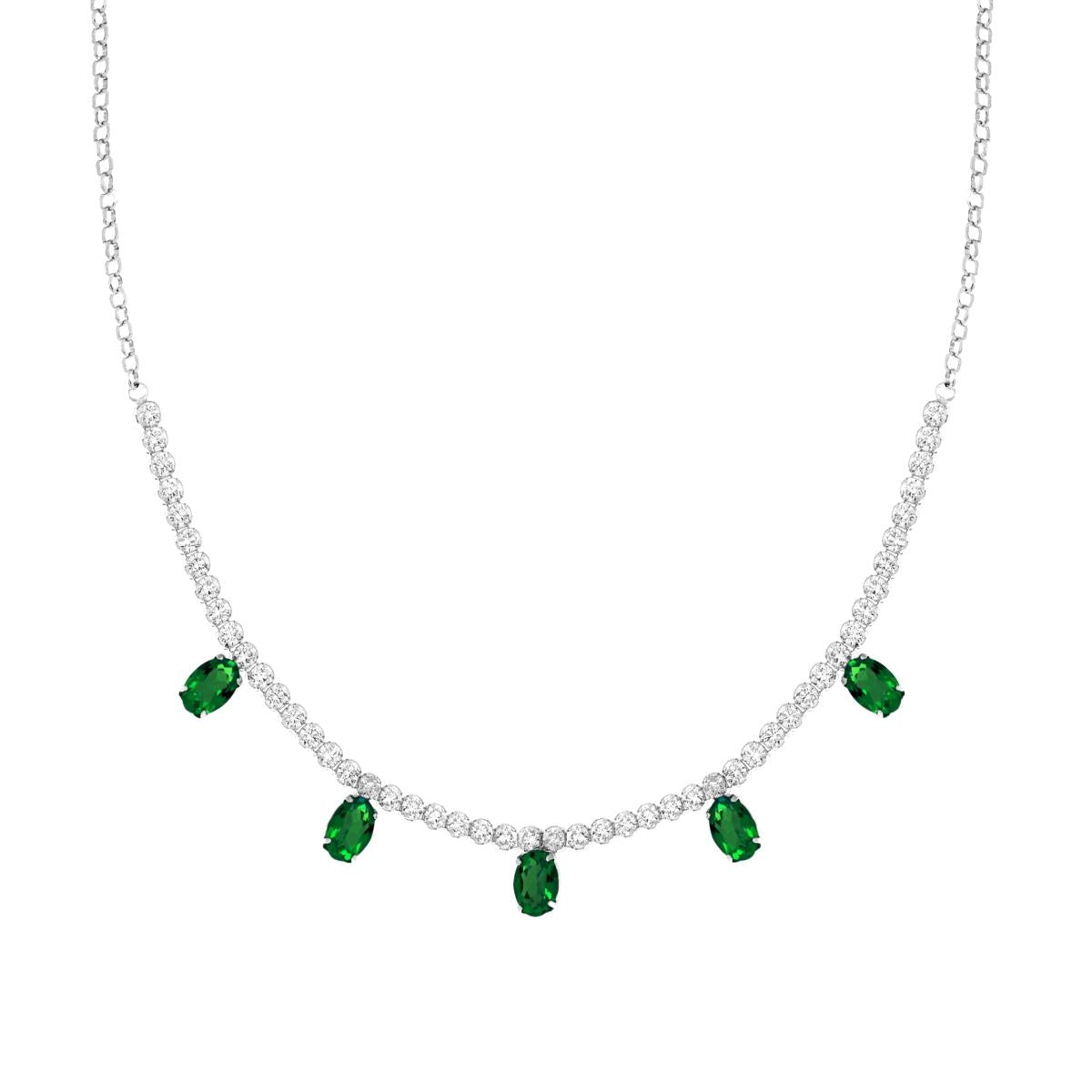 Collana Catena Rolo Diamantata con Centrale Tennis Cubic Zirconia e Ovali Verde Smeraldo Pendenti in ARGENTO 925 Galvanica Rodio