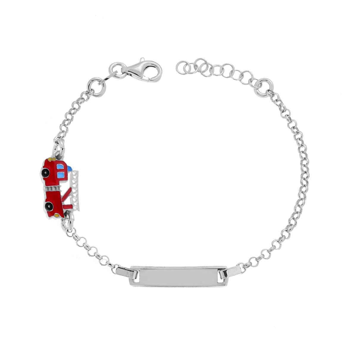 Bracciale Catena Rolo Diamantata Bimbo Bimba con Targa Rettangolare e Camion dei Pompieri smalto Rosso in ARGENTO 925 Galvanica Rodio