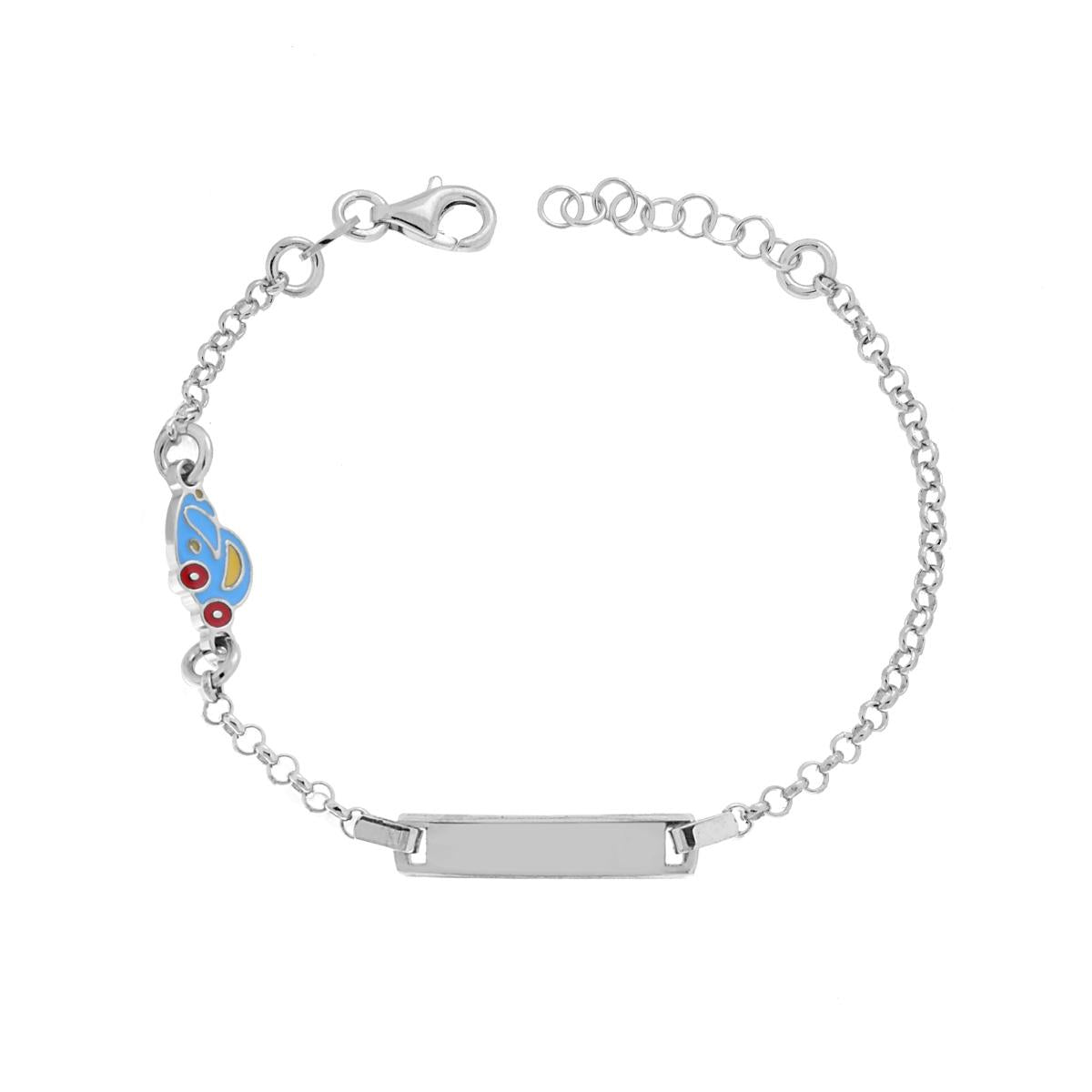 Bracciale Catena Rolo Diamantata Bimbo Bimba con Targa Rettangolare e Auto Maggiolino smalto Azzurro in ARGENTO 925 Galvanica Rodio