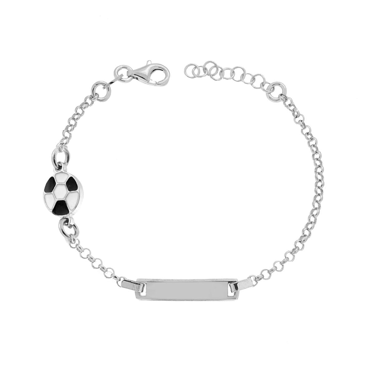 Bracciale Catena Rolo Diamantata Bimbo Bimba con Targa Rettangolare e Palla Calcio smalto Bianco e Nero in ARGENTO 925 Galvanica Rodio