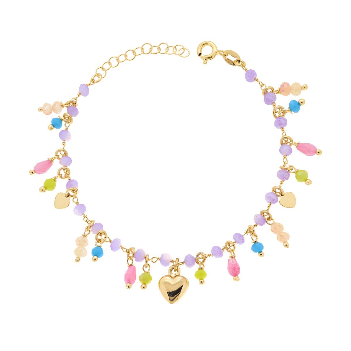 Bracciale Catena con Crystal Lilla con Crystal Multicolor e Cuori pendenti in ARGENTO 925 Galvanica Oro