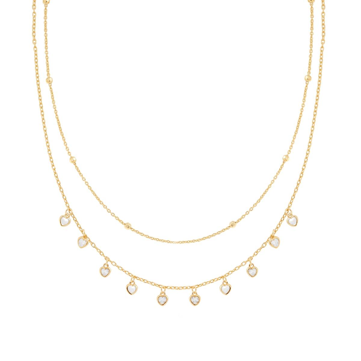 Collana due fili Catena Forzatina Diamantata con Cuori Cubic Zirconia Bianchi pendenti in ARGENTO 925 Galvanica Oro