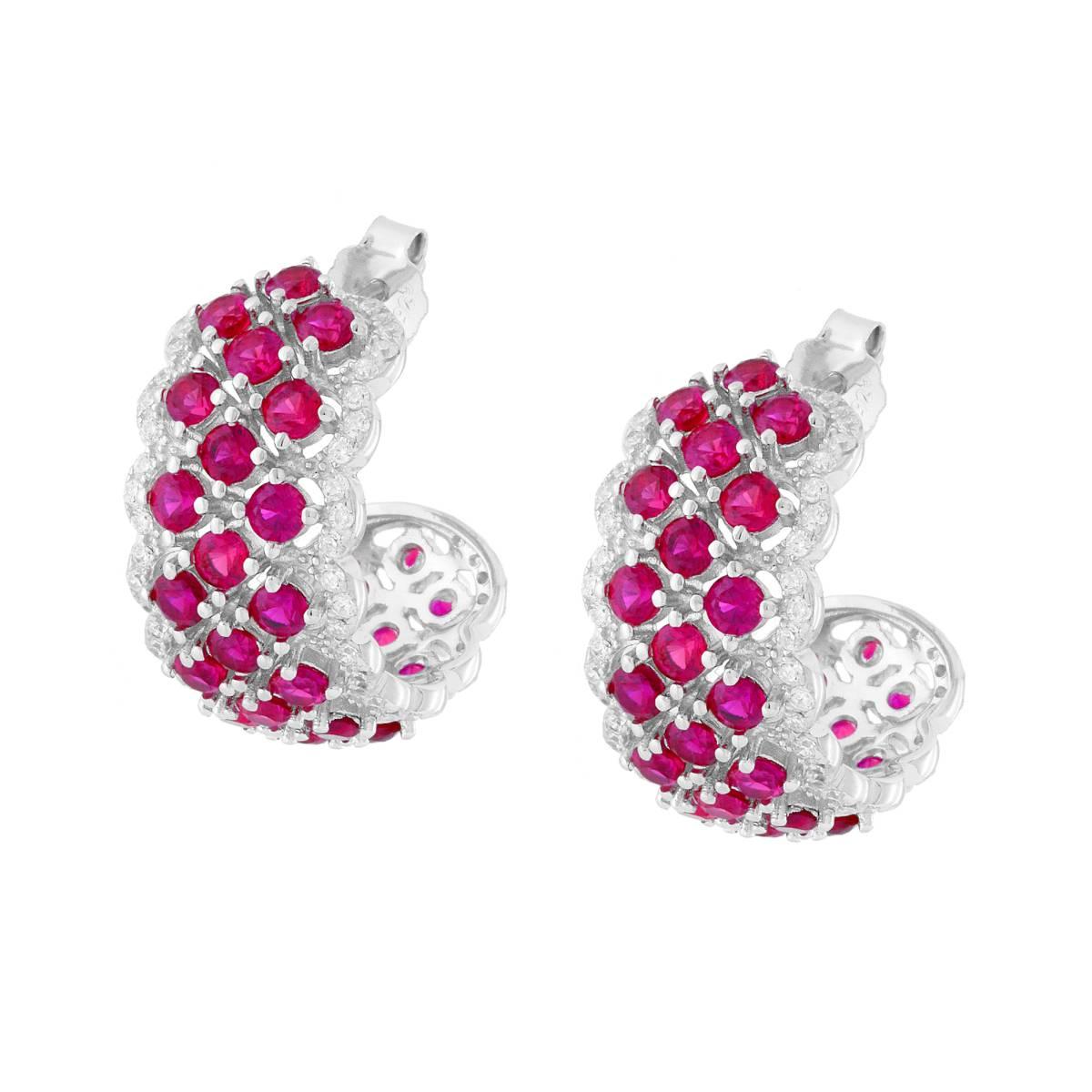 Orecchini Cerchio Nido d'Ape con Cubic Zirconia Rosso Rubino e Bianchi in ARGENTO 925 Galvanica Rodio