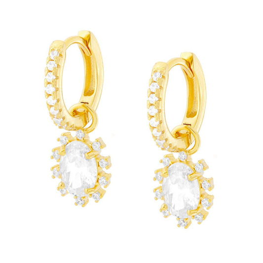 Orecchini Cerchio a Scattino con Ovale Bianco pendente contornato con Cubic Zirconia Bianchi in ARGENTO 925 Galvanica Oro
