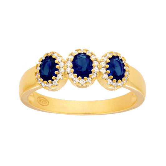 Anello Trilogy Blu Zaffiro contornati con Cubic Zirconia Bianchi in ARGENTO 925 Galvanica Oro