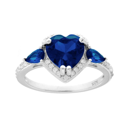 Anello Cuore Blu Zaffiro contornato con Cubic Zirconia Bianchi in ARGENTO 925 Galvanica Rodio