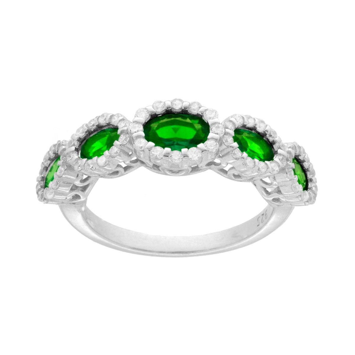 Anello Veretta con Ovali degrade Verde Smeraldo contornati con Cubic Zirconia Bianchi in ARGENTO 925 Galvanica Rodio
