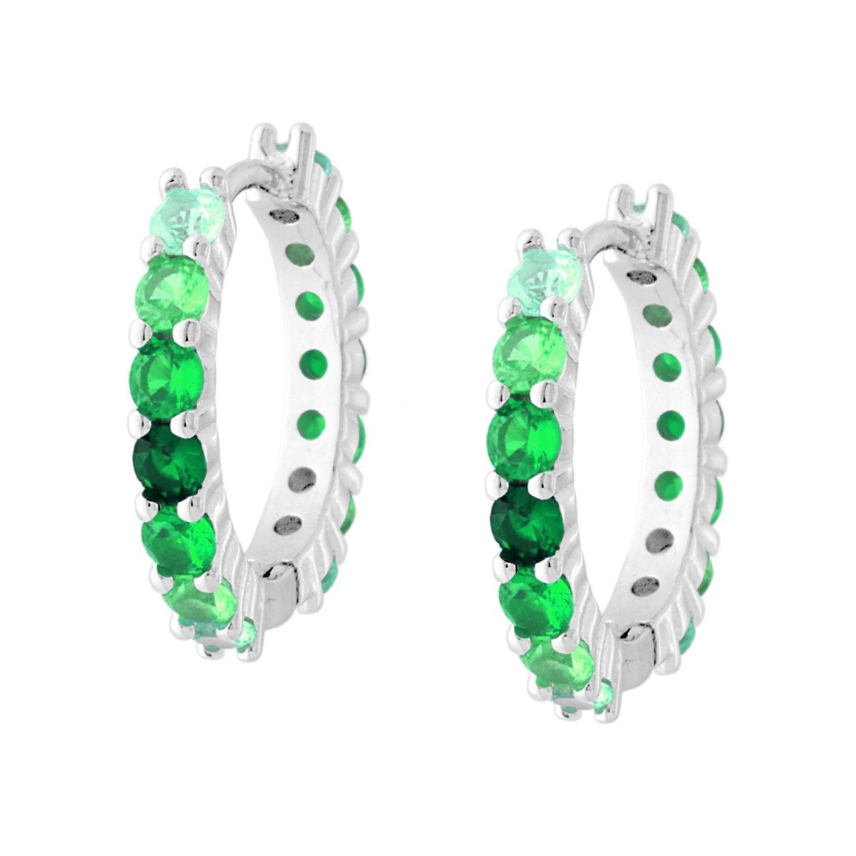 Orecchini Cerchio a Scattino 19 mm con Cubic Zirconia gradazione Verde Smeraldo in ARGENTO 925 Galvanica Rodio