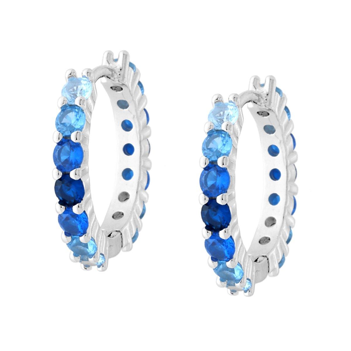 Orecchini Cerchio a Scattino 19 mm con Cubic Zirconia gradazione Blu Zaffiro in ARGENTO 925 Galvanica Rodio