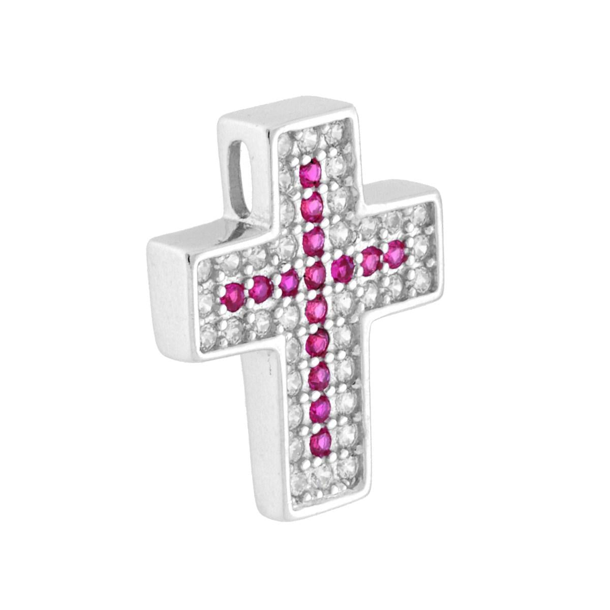 Ciondolo Croce con Cubic Zirconia Rosso Rubino e Bianchi in ARGENTO 925 Galvanica Rodio