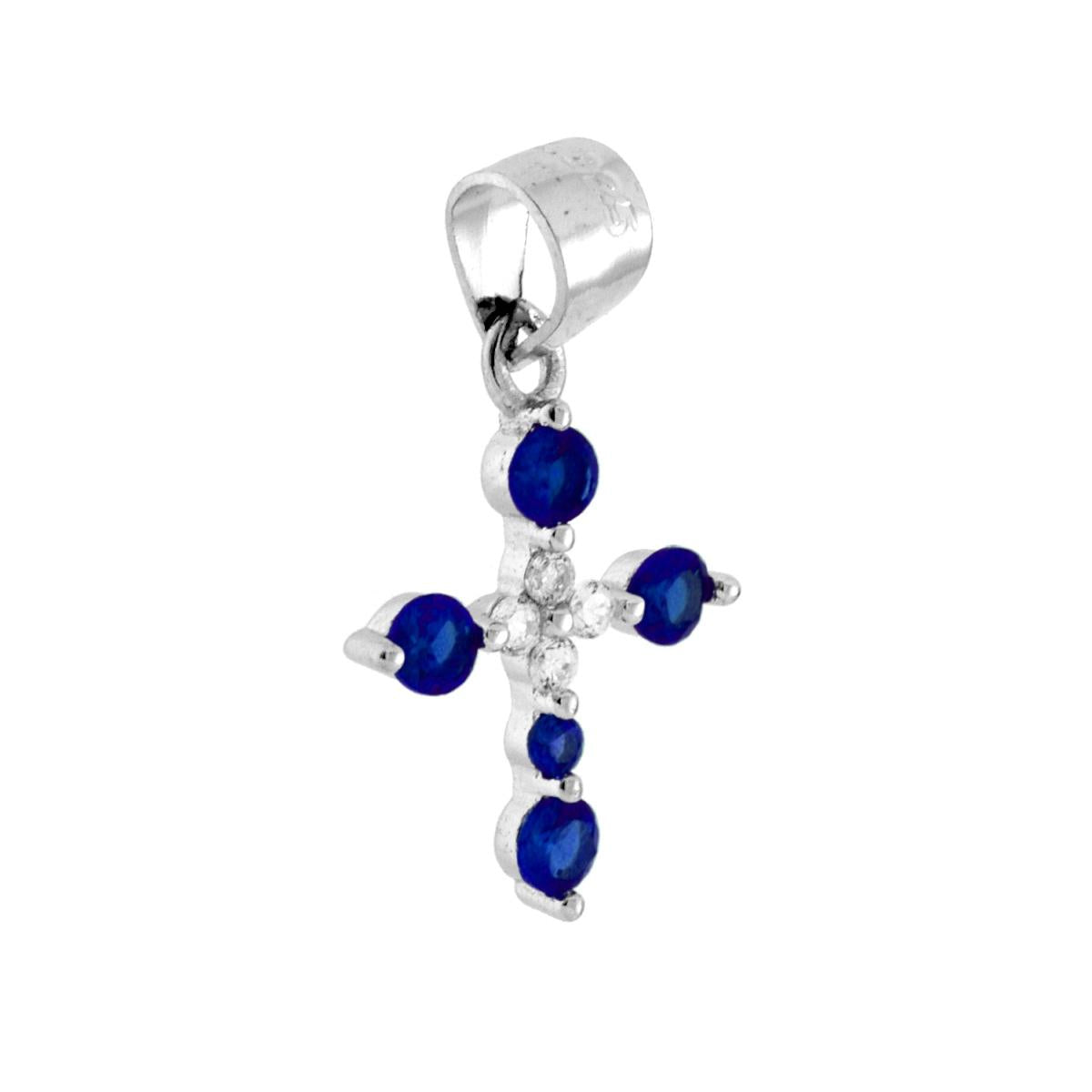 Ciondolo Croce con Cubic Zirconia Blu Zaffiro e Bianchi in ARGENTO 925 Galvanica Rodio