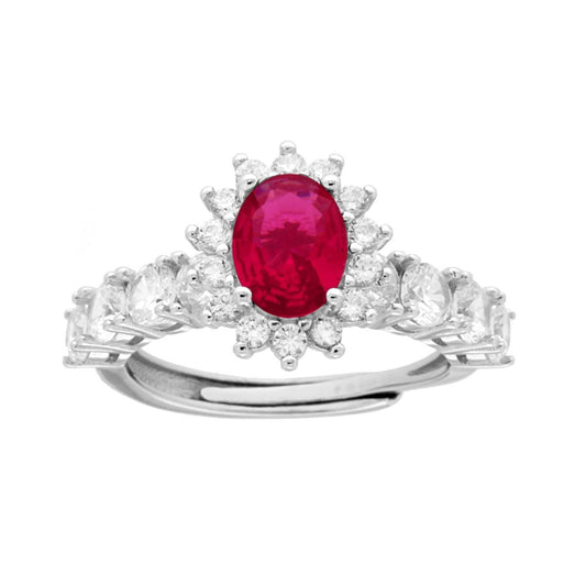 Anello Halo Veretta Ovale Rosso Rubino contornato con Cubic Zirconia Bianchi in ARGENTO 925 Galvanica Rodio