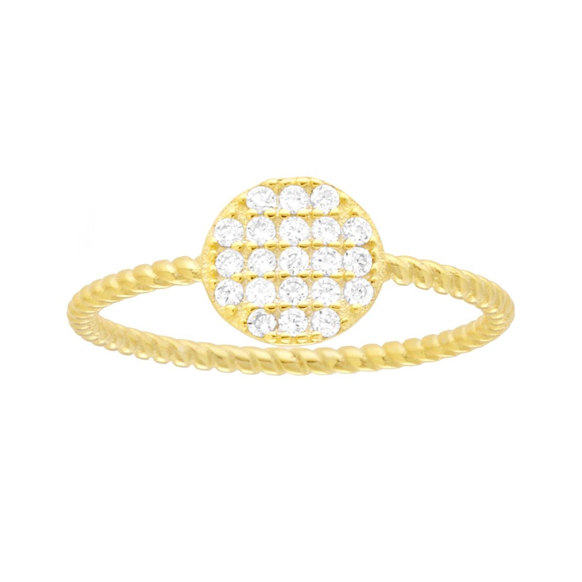 Anello forma geometrica tondo modello Solitario con Cubic Zirconia Bianchi e gambo intrecciato in ARGENTO 925 Galvanica Oro