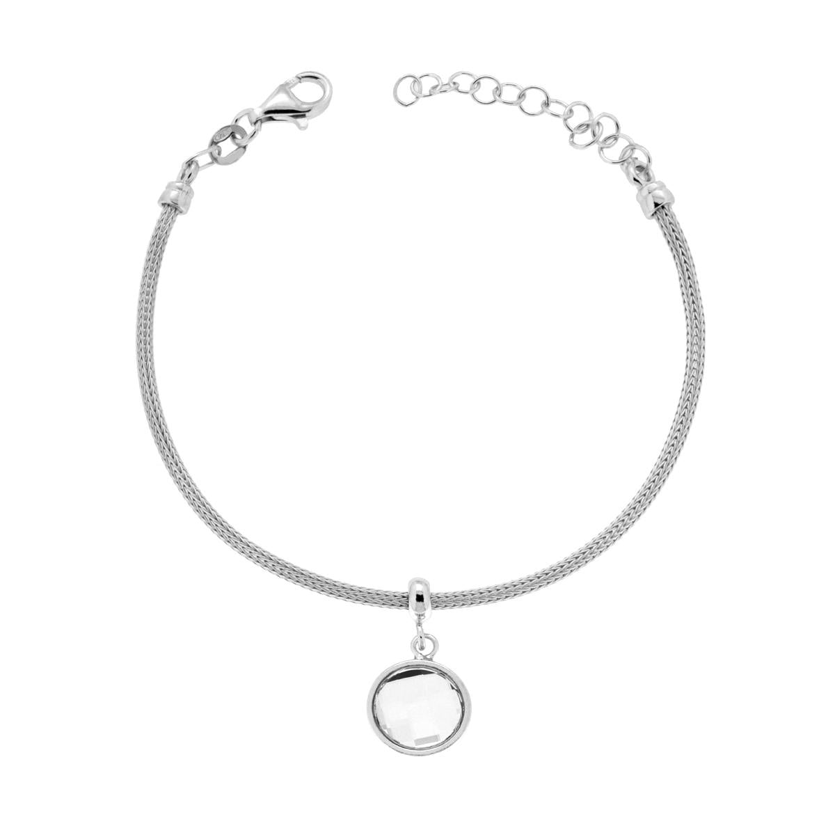 Bracciale Catena Calza con Tondo Crystal Bianco pendente in ARGENTO 925 Galvanica Rodio