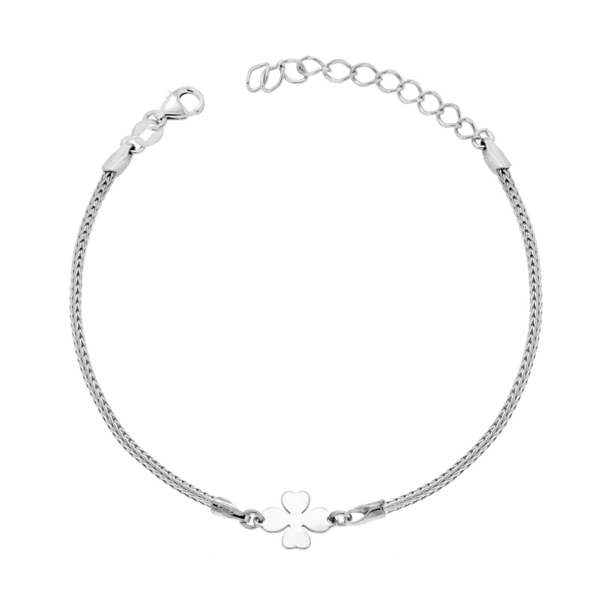 Bracciale Catena Calza con Quadrifoglio plain in ARGENTO 925 Galvanica Rodio